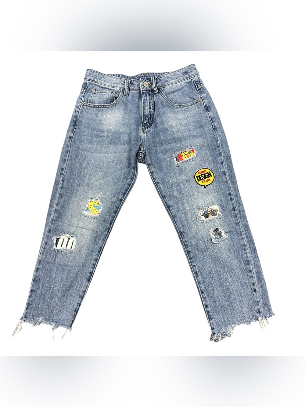 Fairwhale Women’s Distressed Patchwork Jeans Size Small Y2K Raw Hem Straight Leg